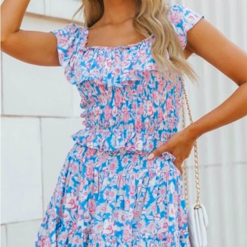 Promesa Pink/Blue Floral Monaco Rayon Top & Mini Skirt Set Women's S NWT